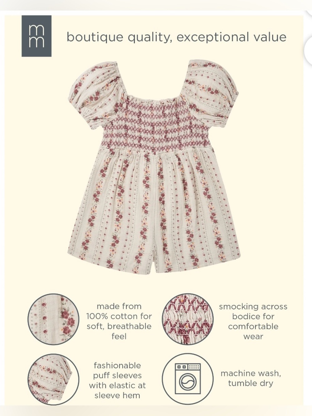 Modern Moments by Gerber Girls 3T Floral Smocked Cotton Gauze Romper NWT - Picture 3 of 11